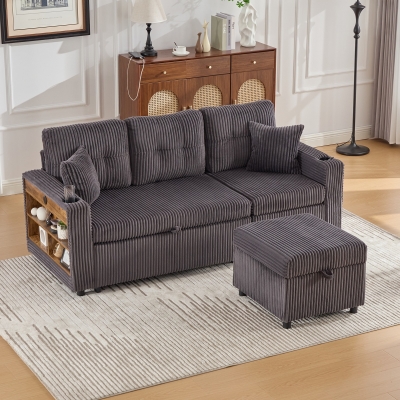 Modern Corduroy Sofa Bed with Pull-Out Bed, Storage and LED Lighting, 196L × 82W × 85H cm, Dark Gray