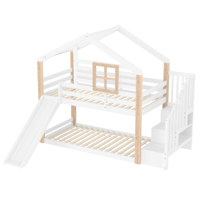 Modern Minimalist Kids Bunk Bed with Slide and Storage Stairs, 194L x 90W x 206H cm, White