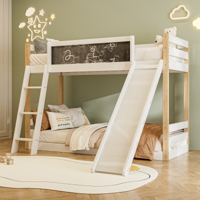 Modern High Sleeper Bunk Bed Frame with Slide and Storage Stairs, 194L x 124W x 148H cm, White