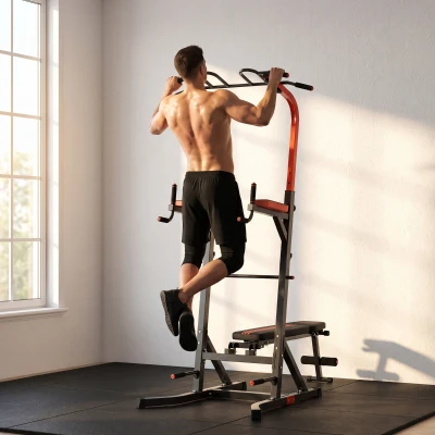 HOMCOM Estación de Musculación Torre de Entrenamiento con Altura Ajustable y Respaldo Regulable en 5 Posiciones Barra de Dominadas Fitness Flexiones Acero 108x178x202-238 cm Negro