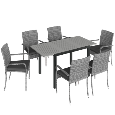 Outsunny 7 Piece Rattan Dining Set Acacia Table 6 Chairs