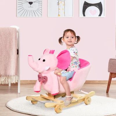 HOMCOM Caballito Balancín con Ruedas Forma de Elefante Caballo Balancín para Bebés de +18 Meses con Músicas 60x35x45 cm Rosa