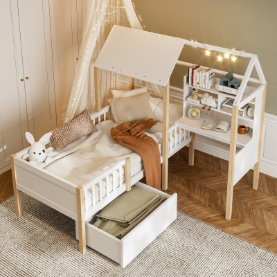 Modern House-Shaped Kids Bed Frame with L-Shaped Desk, 195L x 90W x 164.5H cm, White