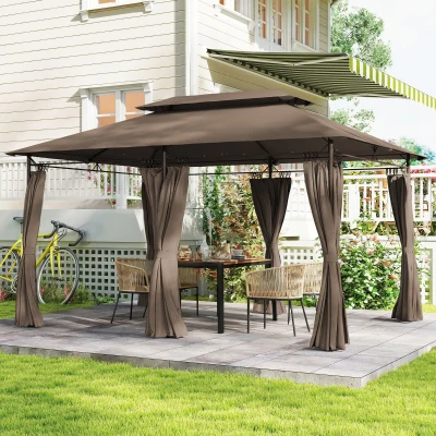 Outsunny Tonnelle Extérieur 3x4m Métal Kaki Double Toit
