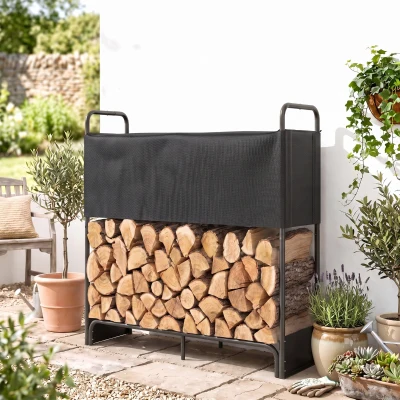 Outsunny Râtelier à bûches Acier Galvanisé 300kg Noir Intérieur Extérieur