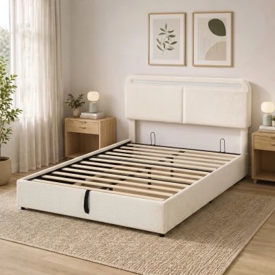 HOMCOM Pat cu spațiu de depozitare 140 x 190 cm, LED RGB, Tăblie Reglabilă, Cadru de Pat Dublu Căptușit Catifea, Depozitare Hidraulică, Crem