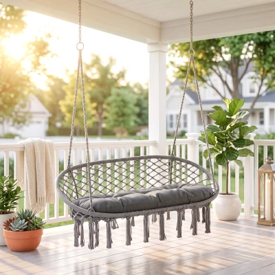 Outsunny Boho Macrame Hammock Swing Two-Seater Grey