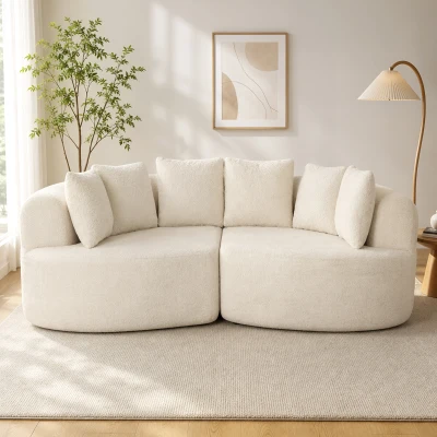 HOMCOM Canapea 3 locuri curbată din chenille 188 cm, canapea pentru living cu șezut adânc, 6 perne, umplutură groasă, crem