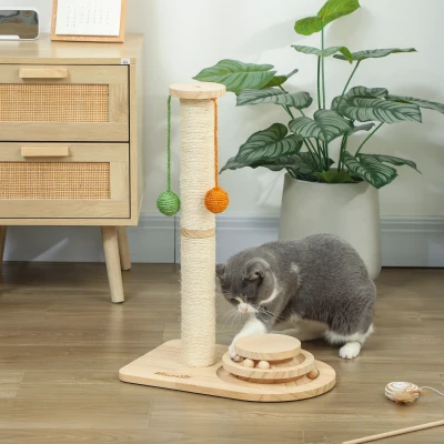 PawHut Poste Rascador para Gatos Altura 56,5 cm con 3 Bolas Colgantes Juguete de Pelota de Pista Madera Natural