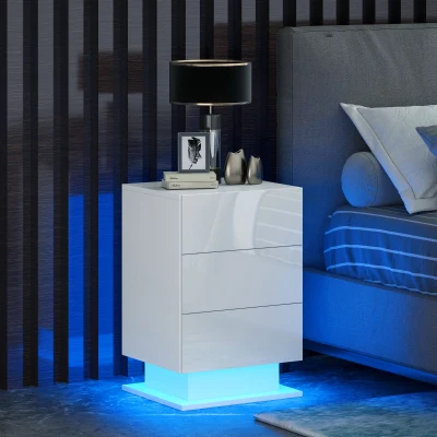 HOMCOM Mesita de Noche con LED RGB 3 Cajones y Mando a Distancia Diseño Moderno 40x35x60 cm Blanco Brillo