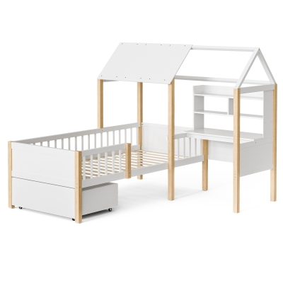 Modern House-Shaped Kids Bed Frame with L-Shaped Desk, 195L x 90W x 164.5H cm, White
