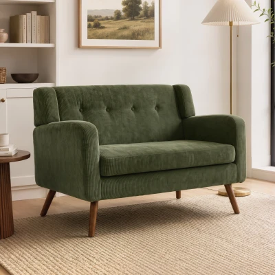 HOMCOM 2-Seater Corduroy Loveseat Wood Legs Living Room Dark Green