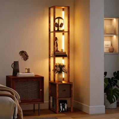 HOMCOM Floor Lamp with Shelves LED Fabric Drawer Rustic Brown