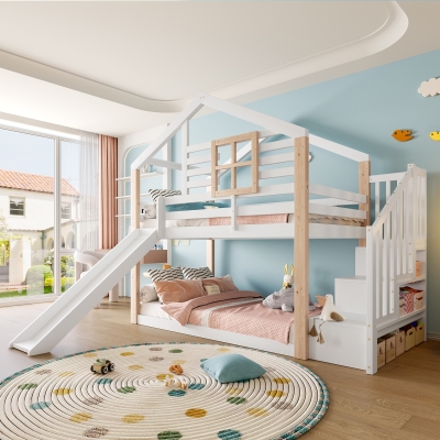 Modern Minimalist Kids Bunk Bed with Slide and Storage Stairs, 194L x 90W x 206H cm, White