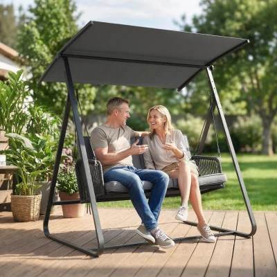 Outsunny Hollywoodschaukel Rattan 2-Sitzer Gartenschaukel mit Verstellbarem Sonnendach weichem Kissen A-Rahmen