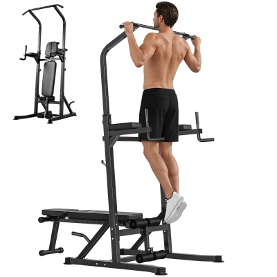 HOMCOM Estación de Musculación Torre de Entrenamiento Altura Ajustable 200-230 cm con Barra de Dominadas y Banco Plegable para Fitness en Casa Gimnasio Carga 150 kg Negro