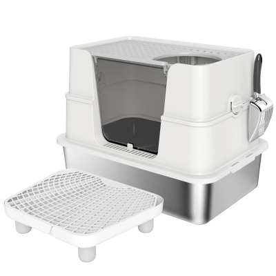 PawHut Bac à Litière XL Acier Inox Grand Chat Pivotant Gris 60cm