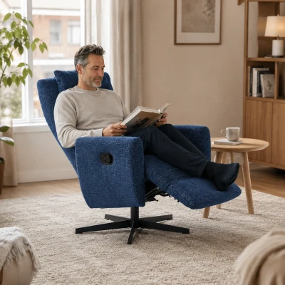 Comfortabele draaifauteuil, relaxfunctie en ligstand, uitschuifbare voetensteun, 67x80.5x110 cm, Blauw