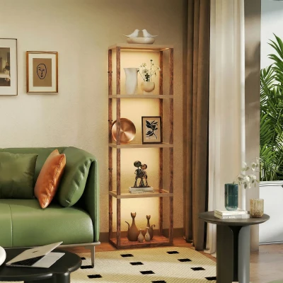 HOMCOM LED Floor Lamp with Glass Shelves Rustic Brown