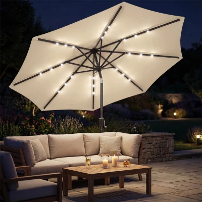 Outsunny Garden Parasol LED Solar Patio Umbrella Beige 2.6m