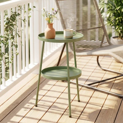 Outsunny 2-Tier Round Side Table Garden Light Green