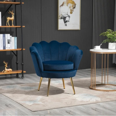 HOMCOM Fauteuil Velours Coquillage Pieds Métal Doré Bleu
