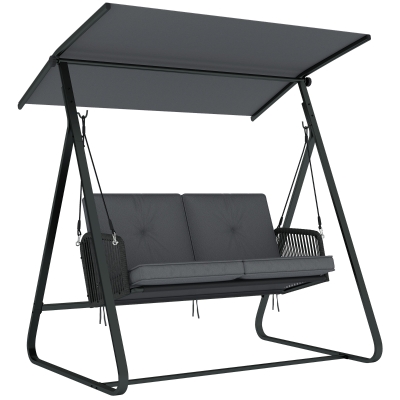 Outsunny Hollywoodschaukel Rattan 2-Sitzer Gartenschaukel mit Verstellbarem Sonnendach weichem Kissen A-Rahmen