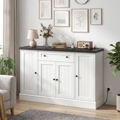 HOMCOM Sideboard mit Ladestation, Aufbewahrungsschrank mit 4 Türen, Schublade, verstellbare Regale, Weiß und Schwarz