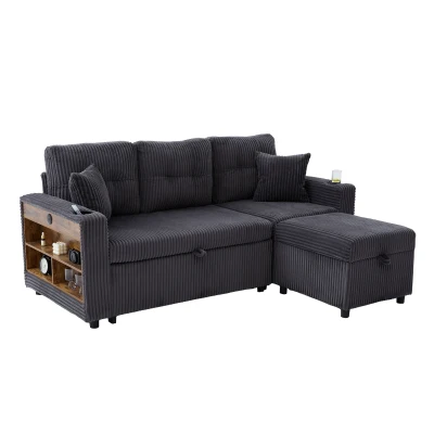 Modern Corduroy Sofa Bed with Pull-Out Bed, Storage and LED Lighting, 196L × 82W × 85H cm, Dark Gray