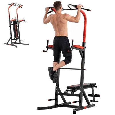 HOMCOM Estación de Musculación Torre de Entrenamiento con Altura Ajustable y Respaldo Regulable en 5 Posiciones Barra de Dominadas Fitness Flexiones Acero 108x178x202-238 cm Negro