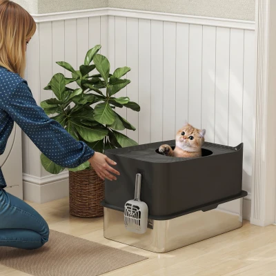 PawHut Bac à Litière Chat Acier 85L Semi-Fermé Noir 60cm