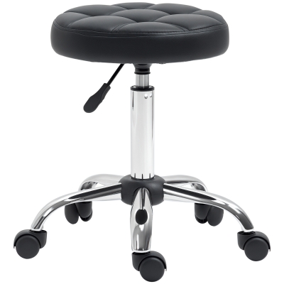 HOMCOM Taburete Giratorio con Ruedas Regulable en Altura de 48-63 cm Taburete de Trabajo Tapizado en Cuero PU para Peluquería Cosmética Dentista Diámetro Ø35,5 cm Negro