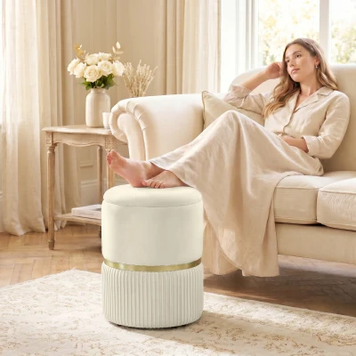 HOMCOM Round Storage Stool Velvet Upholstered Removable Top Beige