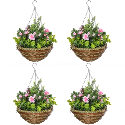 Outsunny Hanging Flower Pots Set 4 Lisianthus Pink Green