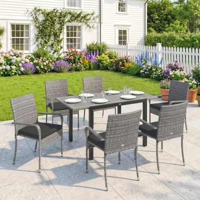 Outsunny 7 Piece Rattan Dining Set Acacia Table 6 Chairs