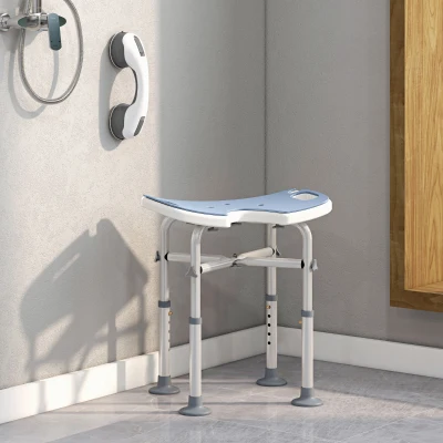 HOMCOM Banco de Duche Altura Ajustável 39-51,5 cm Barra de Apoio com Ventosa Pés com Ventosa Azul Claro