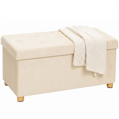 HOMCOM Velvet Storage Ottoman Bench Wood Legs Cream White