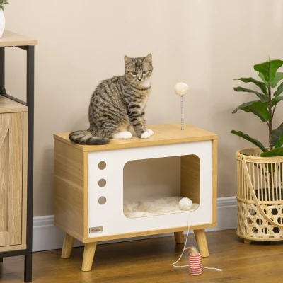 PawHut kattengrot, kattenhut met speelgoedbal, kattenhuis met kussen, eiken