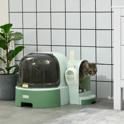 PawHut Kattenbak, 2 uittrekbare vloerbakken, 1 schep, kattenbak, afneembare hoes, groen+ zwart