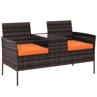 Outsunny 2-Seat Rattan Bench with Table, Cushions, Outdoor Wicker