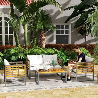 Outsunny 4-delige tuinmeubelset, 2 fauteuils, 1 bank, 1 salontafel, zitkussens, acaciahout, stalen frame, grijs+beige