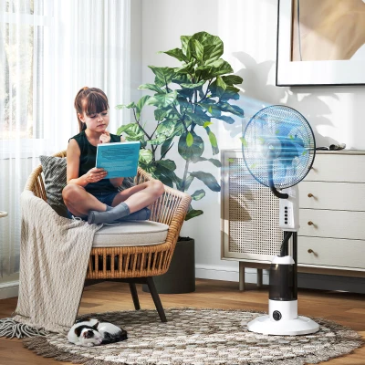 HOMCOM Ventilador Nebulizador Oscilante 90 W Tanque 2,8L 3 Velocidades 5 Aspas y Ruedas Ø44,5x120 cm Blanco