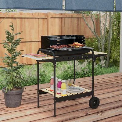 Outsunny Metalen Houtskoolgrill BBQ Smoker met Wielen, Verstelbaar Grillrooster, Houten Plank 103x47x95 cm Zwart