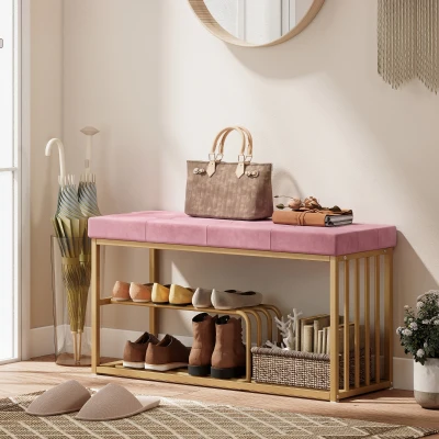 HOMCOM Tufted Shoe Storage Bench Velvet Seat Gold Frame Pink