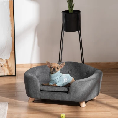 PawHut hondenbank hondenmat hondenmand hondenbank hondenbank kattenbank met kussen achterzak pluche schuim grenen hout donkergrijs 70 x 47 x 30 cm