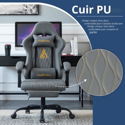 Fauteuil gamer avec repose-pieds, Gris