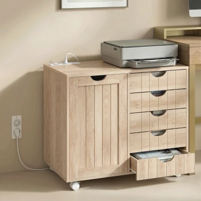 HOMCOM Mueble para Impresora con Estación de Carga y Ruedas 5 Cajones Puertos USB Estante Ajustable Natural