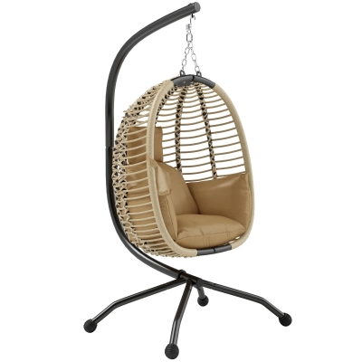 Outsunny Silla Colgante con Soporte Cesta Plegable Cojín y Reposacabezas para Interior y Exterior Carga 120 kg Beige