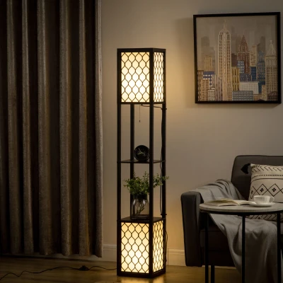 HOMCOM vloerlamp in modern design, 2 schappen, trekkettingschakelaar, 26 cm x 26 cm x 156 cm, zwart+wit