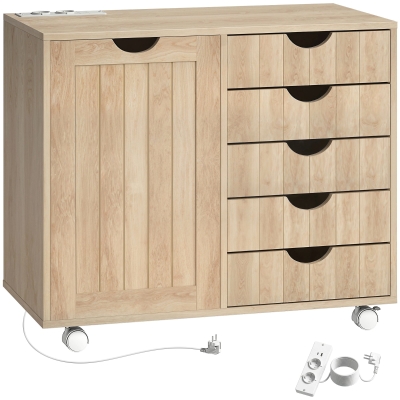 HOMCOM Mueble para Impresora con Estación de Carga y Ruedas 5 Cajones Puertos USB Estante Ajustable Natural